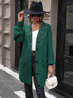 Pearl Detail Cable-Knit Button Up Cardigan Trendsi