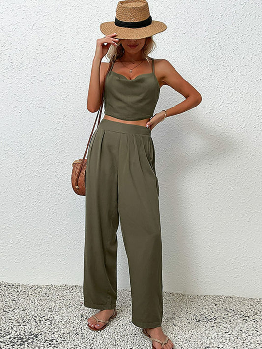 Crisscross Back Cropped Top and Pants Set Trendsi