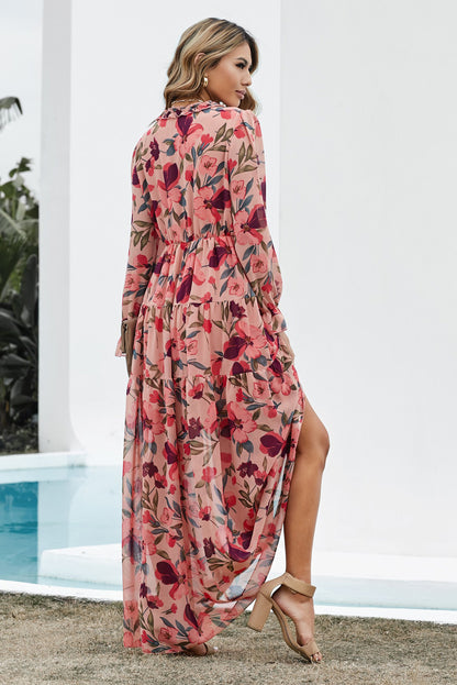 Floral Frill Trim Flounce Sleeve Plunge Maxi Dress Trendsi