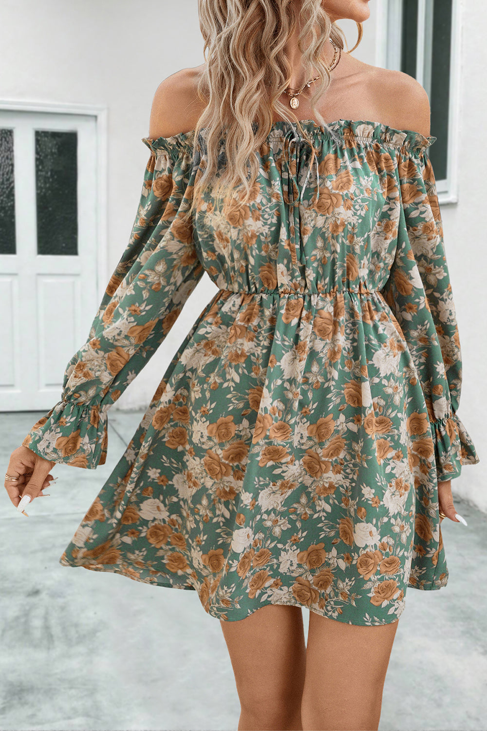 Floral Off-Shoulder Flounce Sleeve Dress Trendsi