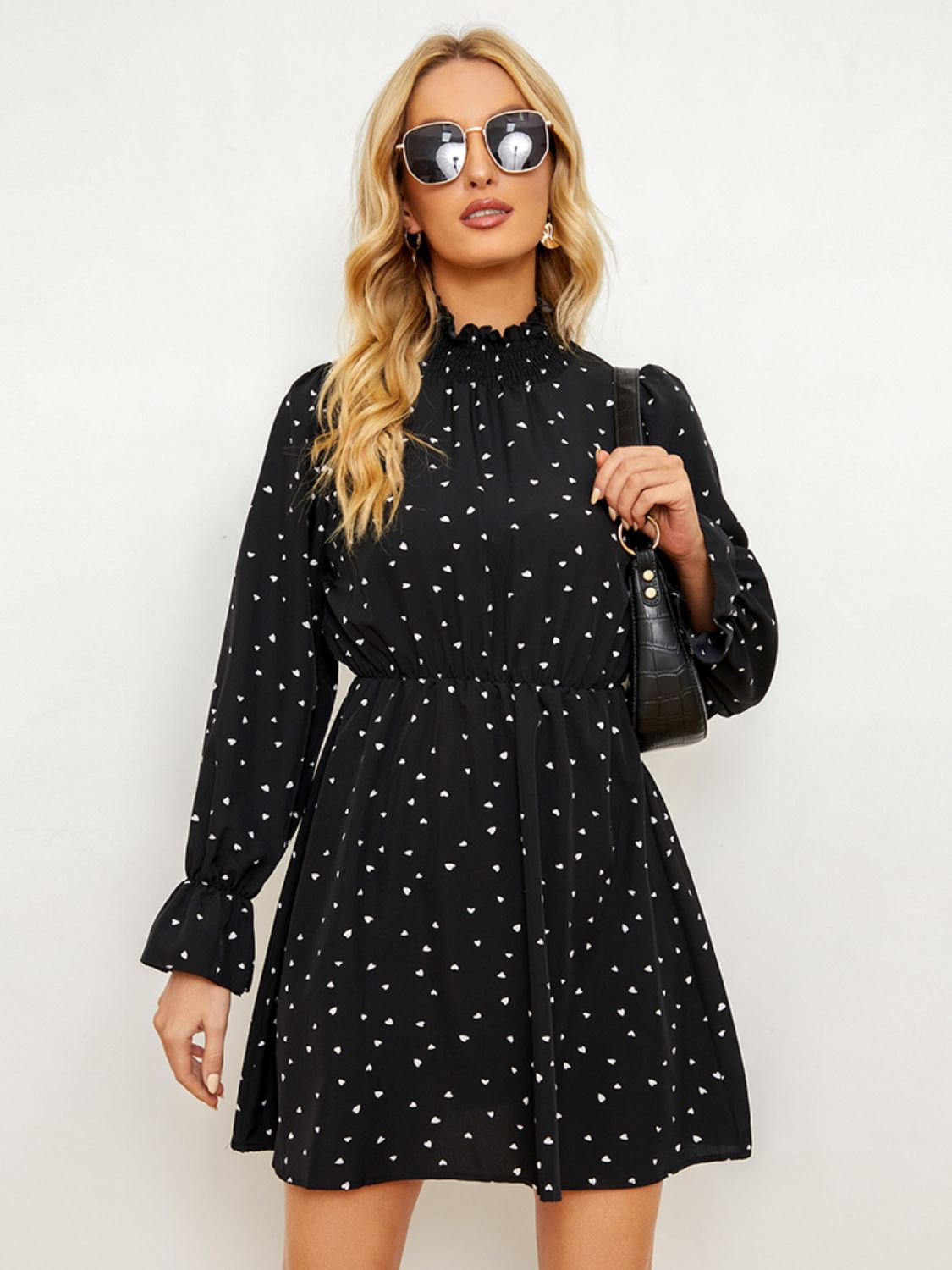 Printed  Long Flounce Sleeve Frill Neck Dress Trendsi