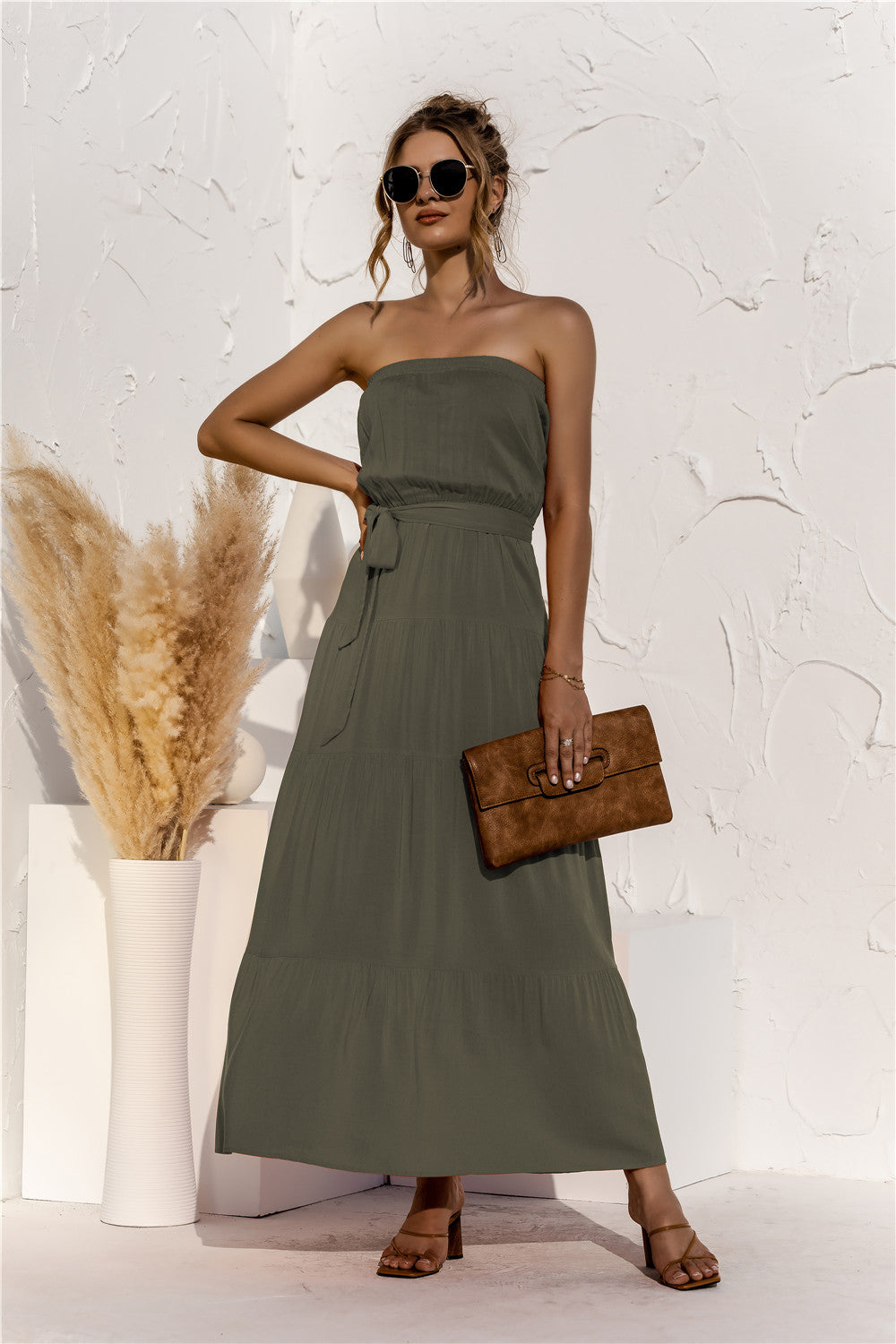 Strapless Tie Waist Tiered Maxi Dress Trendsi