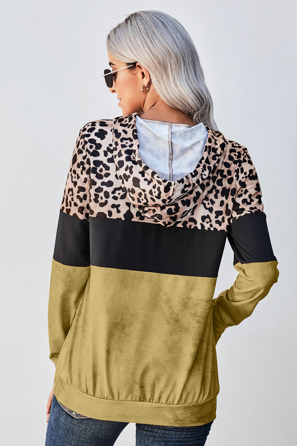 Leopard Color Block Hoodie Trendsi