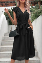 Tie Belt V-Neck Pleated Dress Trendsi
