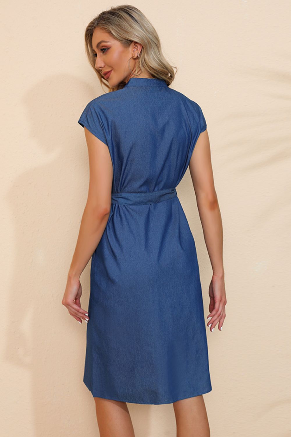 Button Down Belted Denim Dress Trendsi