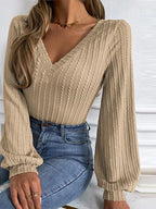 Cable-Knit V-Neck Long Sleeve Knit Top Trendsi
