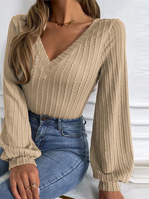 Cable-Knit V-Neck Long Sleeve Knit Top Trendsi