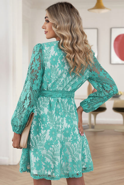 Pompom Trim Puff Sleeve Belted Lace Dress Trendsi