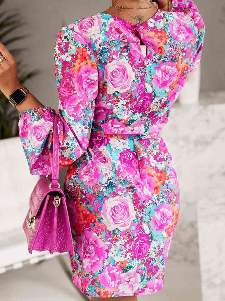 Floral Print Round Neck Long Sleeve Dress Trendsi