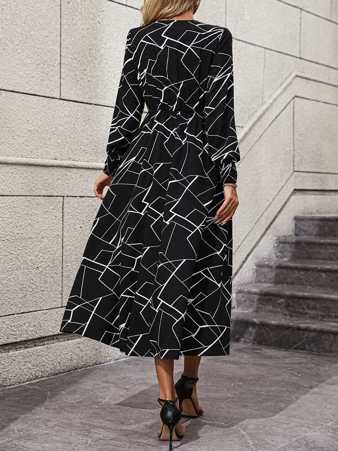 Geometric V-Neck Lantern Sleeve Dress Trendsi