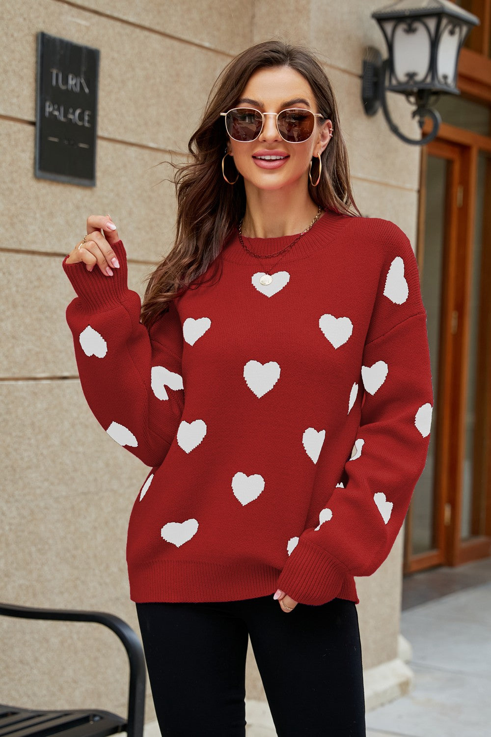 Heart Pattern Lantern Sleeve Round Neck Tunic Sweater Trendsi
