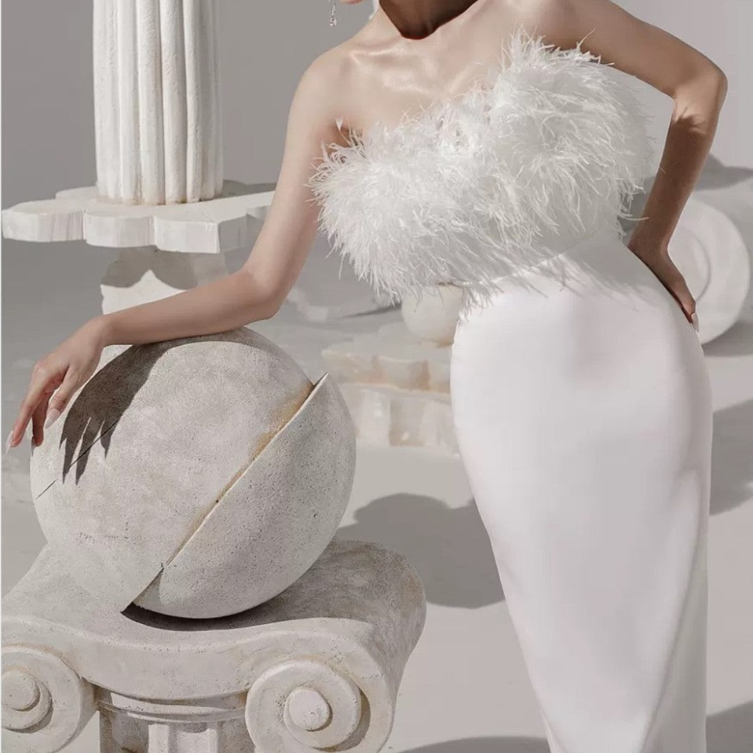 Light Luxury Exposed Collar Bone Bra Gorgeous Tassel White Wrap Hip Dress aclosy
