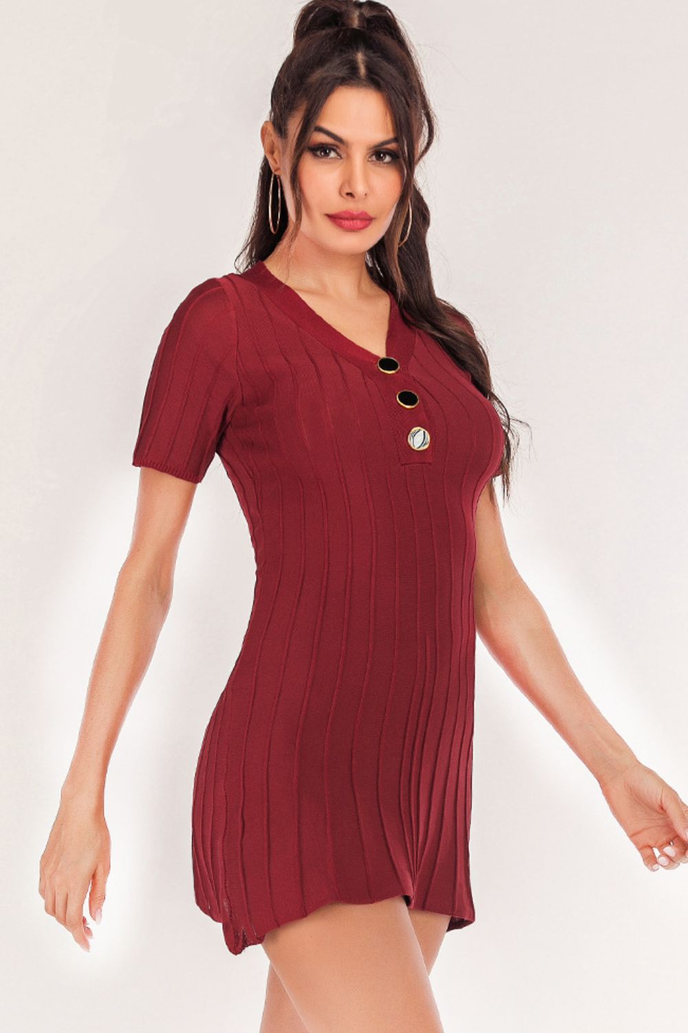 Buttoned Short Sleeve V-Neck Knit Dress Trendsi