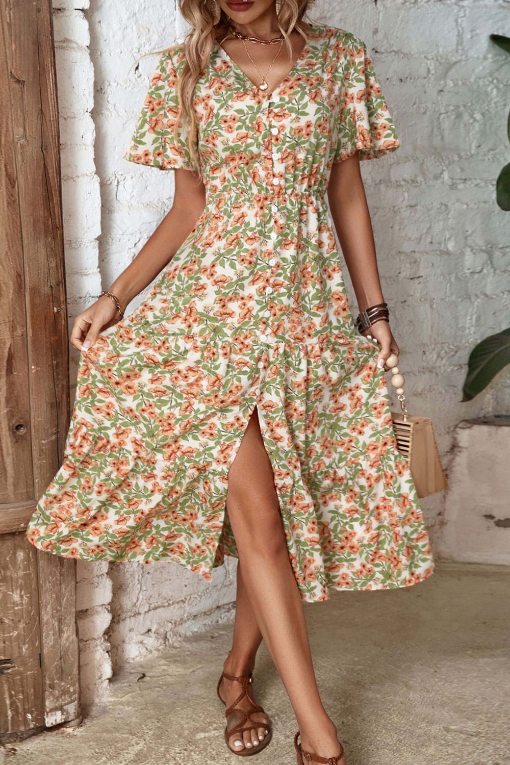 Floral V-Neck Front Slit Dress Trendsi