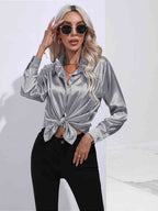 Collared Neck Buttoned Long Sleeve Shirt Trendsi