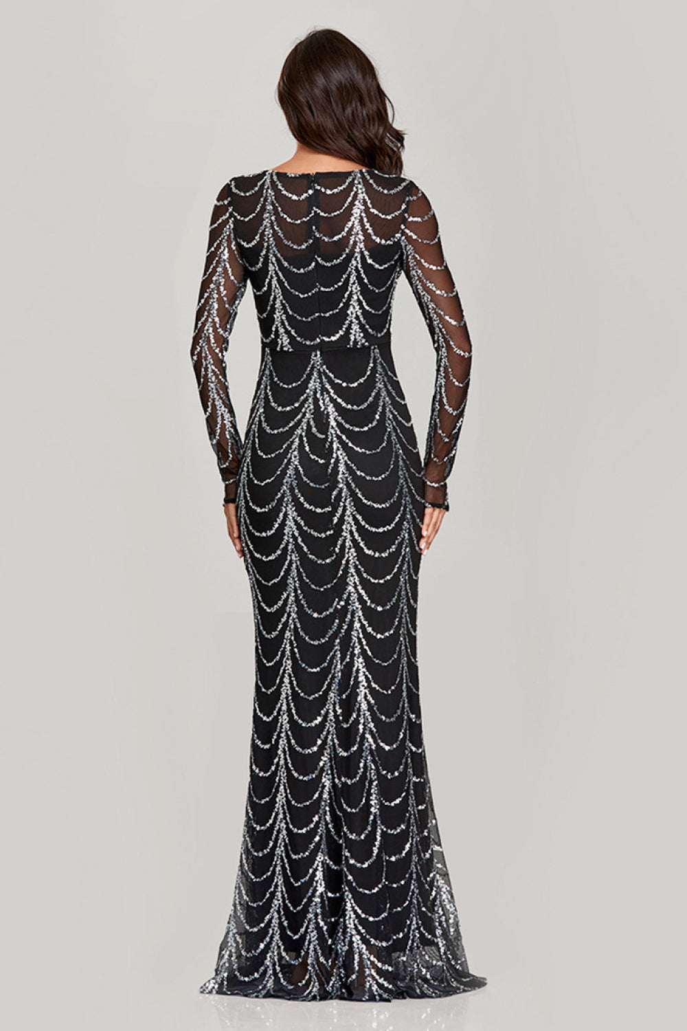 Sequin Round Neck Long Sleeve Fishtail Dress Trendsi