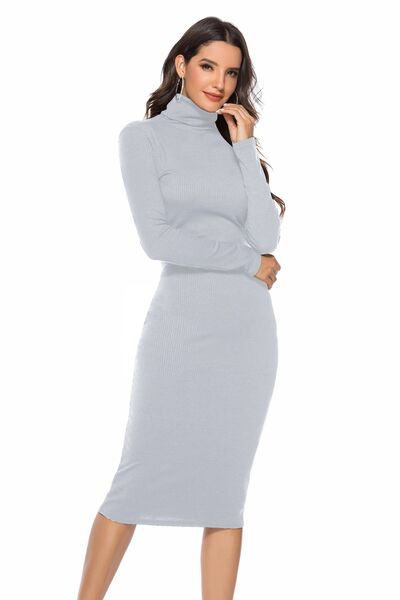 Ribbed Turtleneck Long Sleeve Dress Trendsi