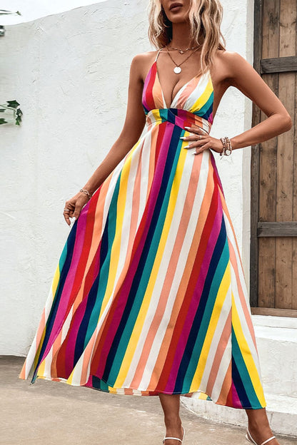 Multicolored Stripe Crisscross Backless Dress Trendsi