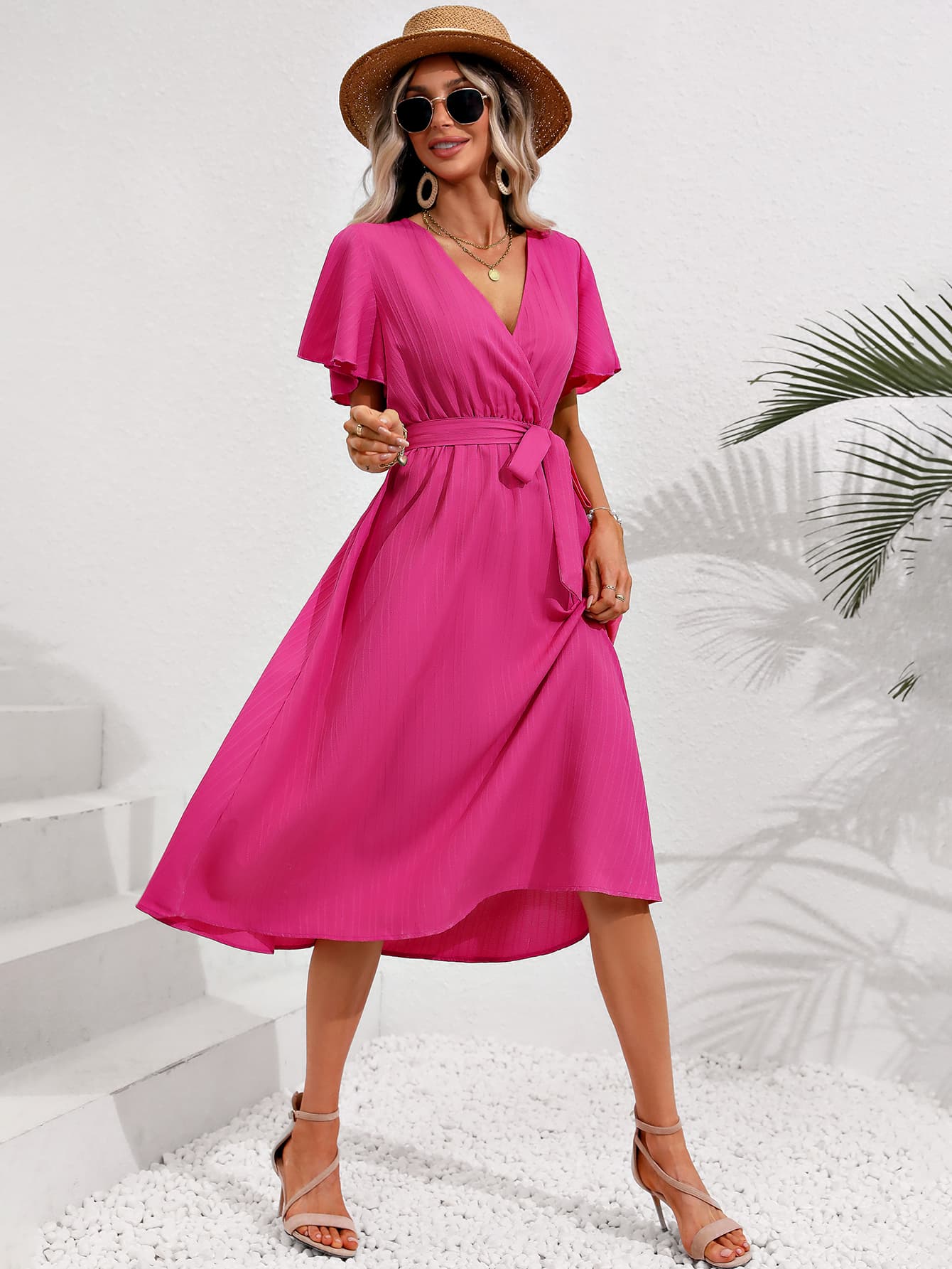 Surplice Neck Tie Belt Midi Dress Trendsi