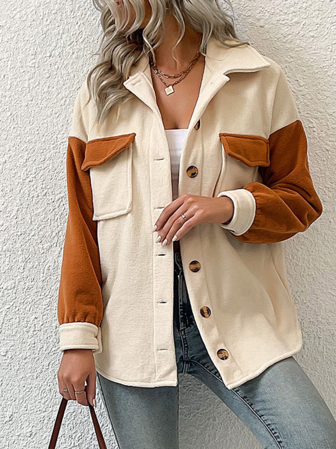 Contrast Button-Up Fleece Jacket Trendsi