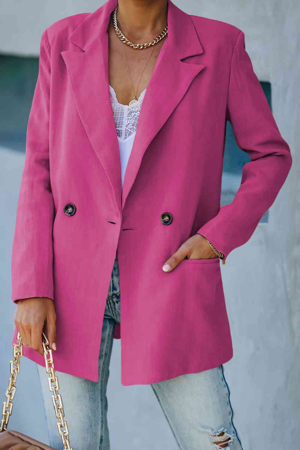 Double Take Double-Breasted Padded Shoulder Blazer with Pockets Trendsi