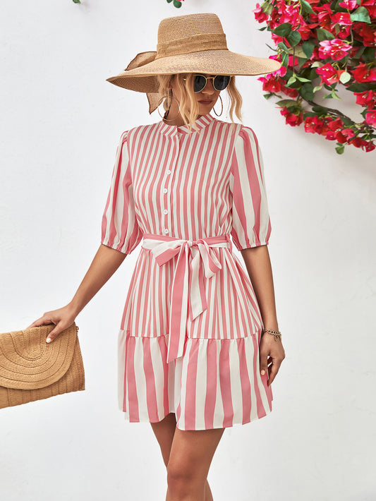 Striped Half Sleeve Tie Waist Mini Dress Trendsi