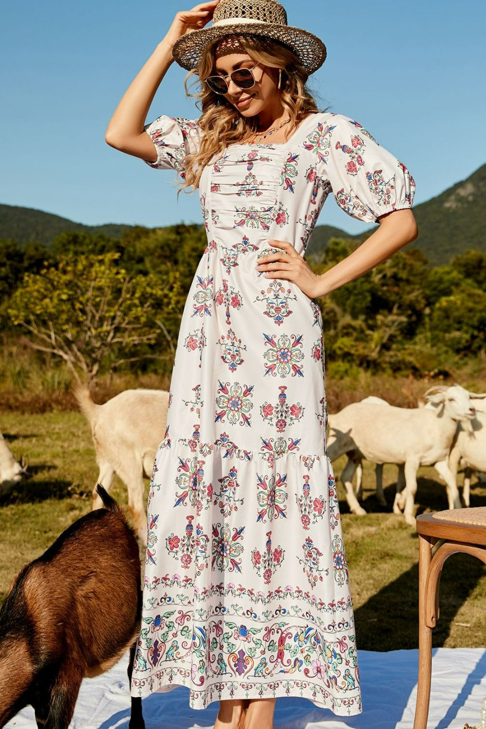 Floral Ruched Puff Sleeve Tiered Maxi Dress Trendsi