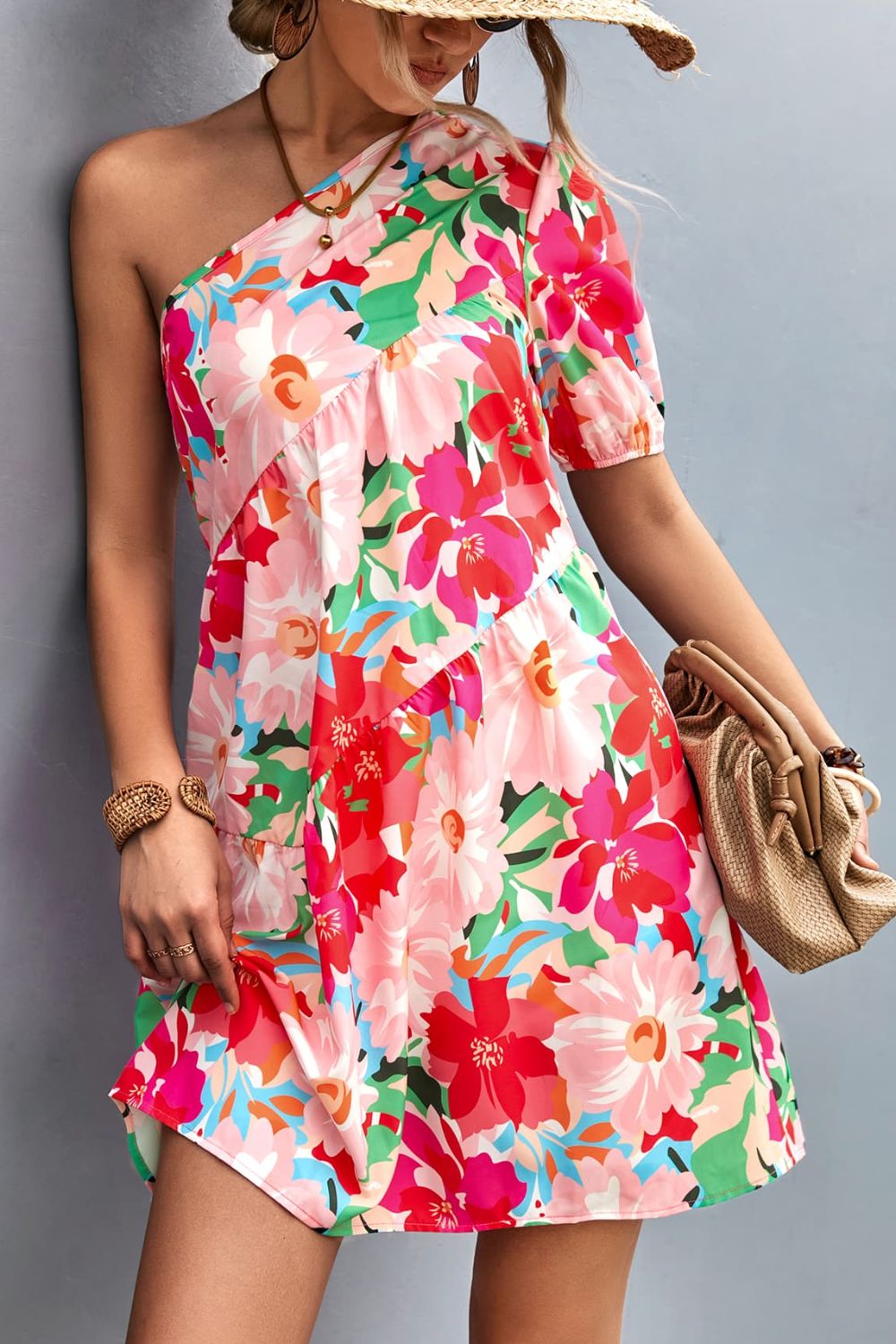 Floral One-Shoulder Puff Sleeve Dress Trendsi