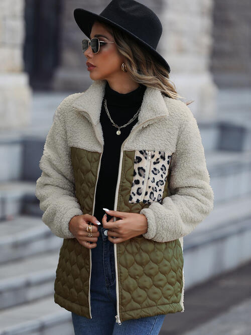 Leopard Color Block Zip-Up Jacket Trendsi