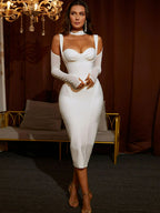 Cold-Shoulder Mesh Sleeve Slit Back Bodycon Dress-White Trendsi