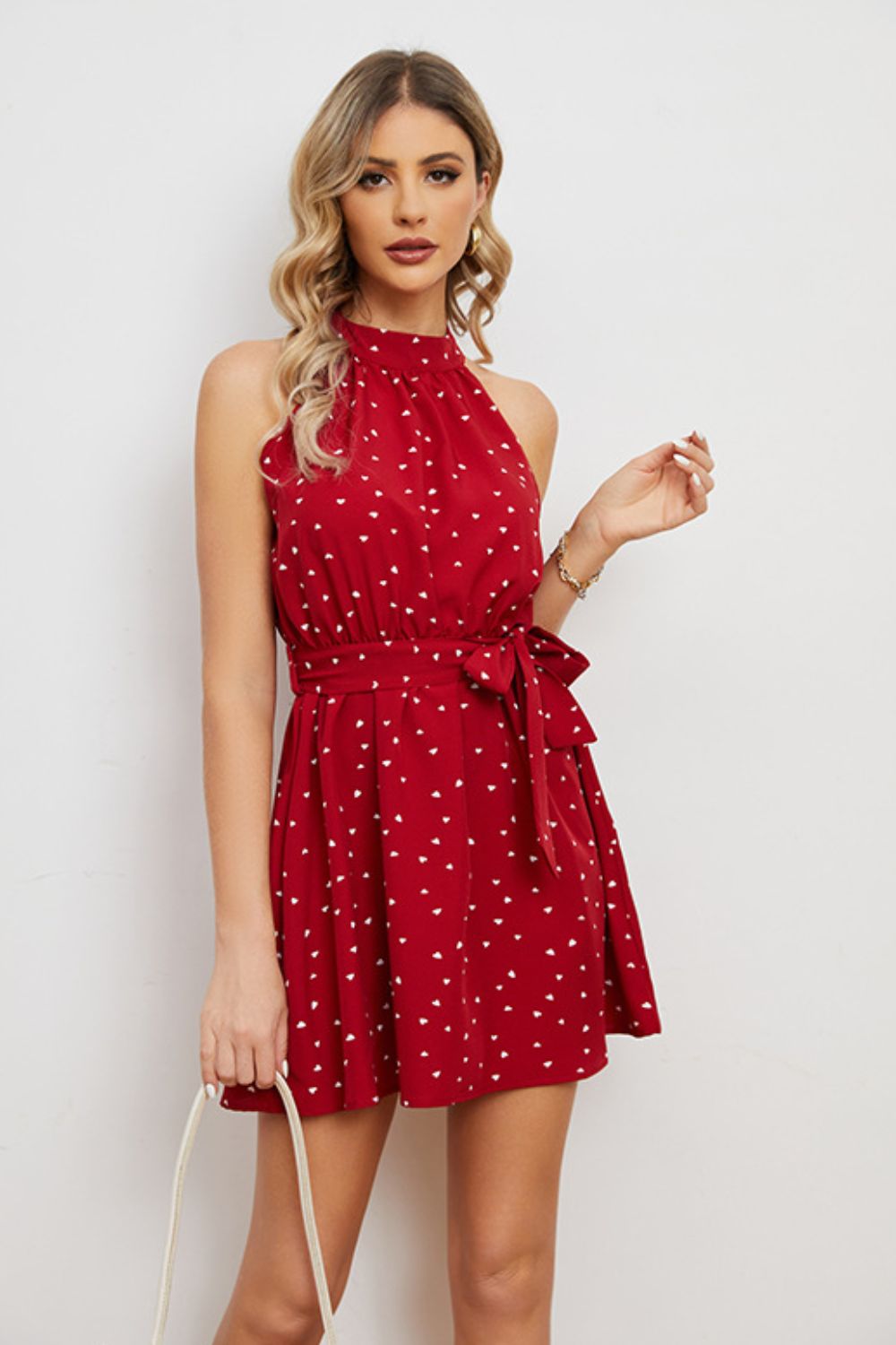 Printed Tie Waist Mini Dress Trendsi