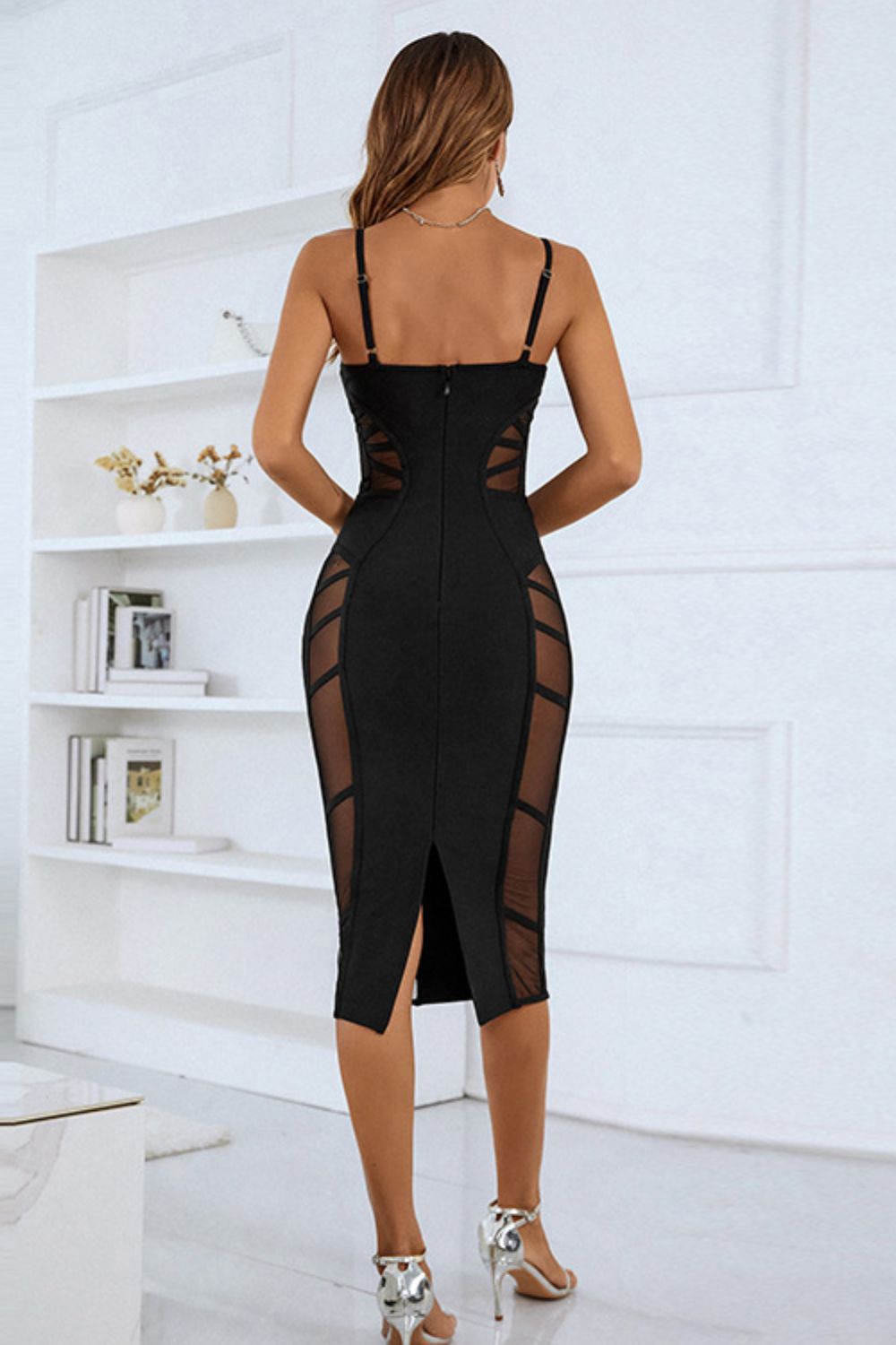 Spaghetti Strap Spliced Mesh Slit Back Dress Trendsi