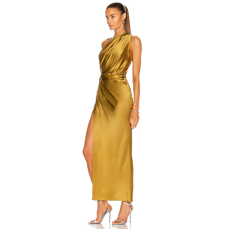 Women's Solid Color Slanted Shoulder Irregular Long Dress ACLOSY