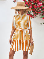 Striped Half Sleeve Tie Waist Mini Dress Trendsi