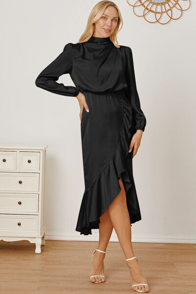 Mock Neck Ruffled Asymmetrical Dress Trendsi