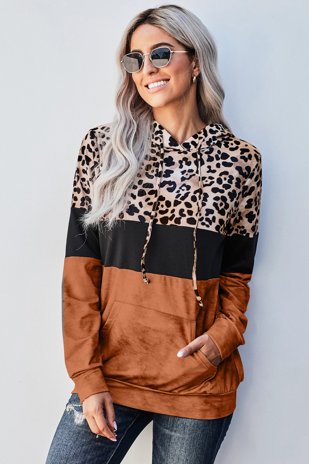 Leopard Color Block Hoodie Trendsi