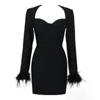Elegant Square Neck Feather Long Sleeve aclosy