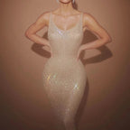 Women's Temperament Mesh Gauze With Diamonds Sleeveless Tight Long Dress aclosy