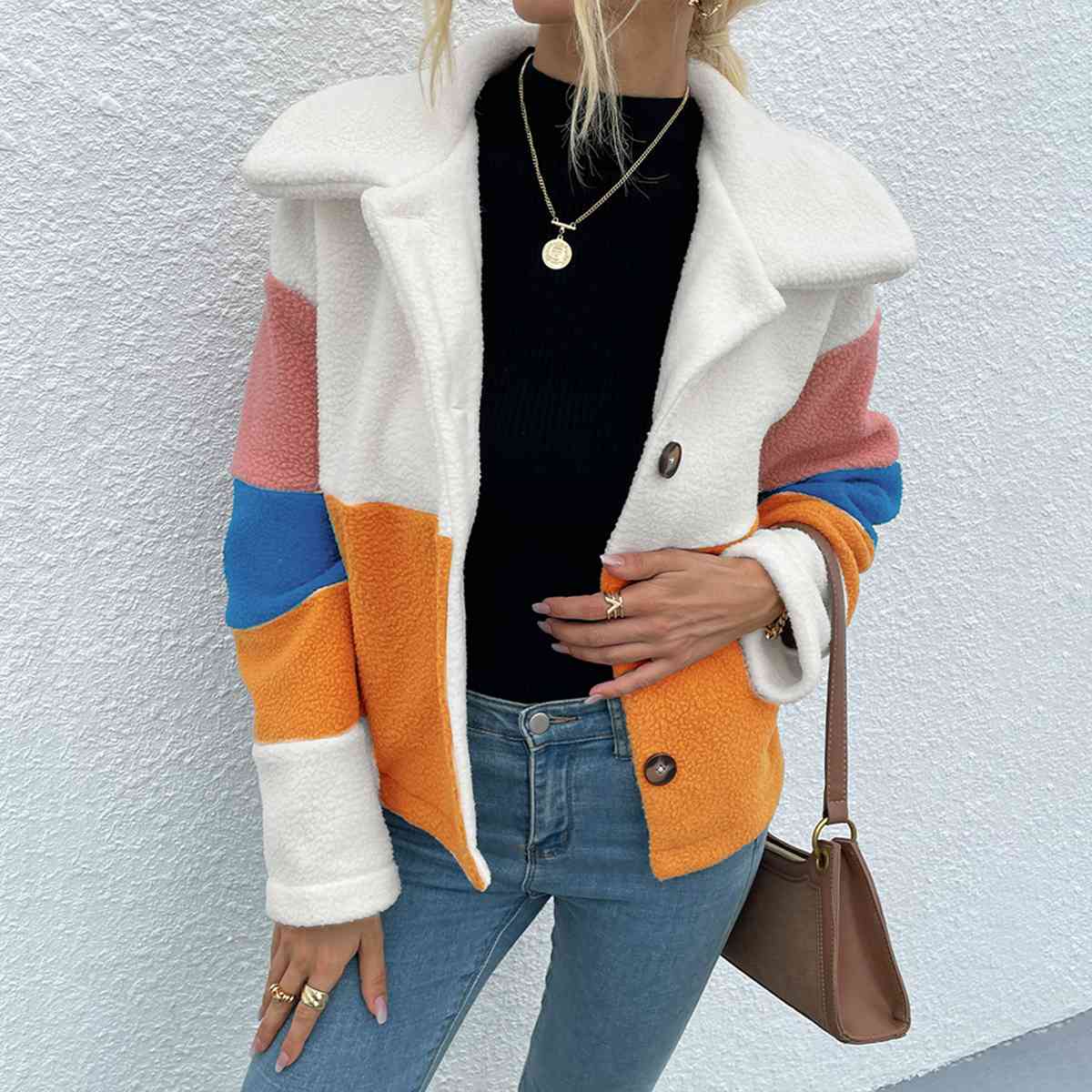 Color Block Button Down Collared Jacket Trendsi