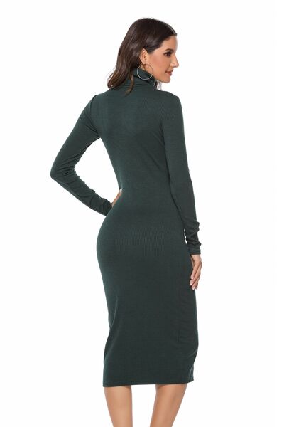 Ribbed Turtleneck Long Sleeve Dress Trendsi