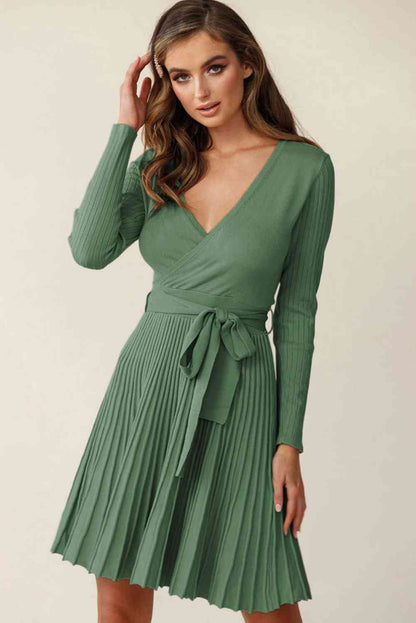 Surplice Neck Tie Waist Pleated Dress Trendsi