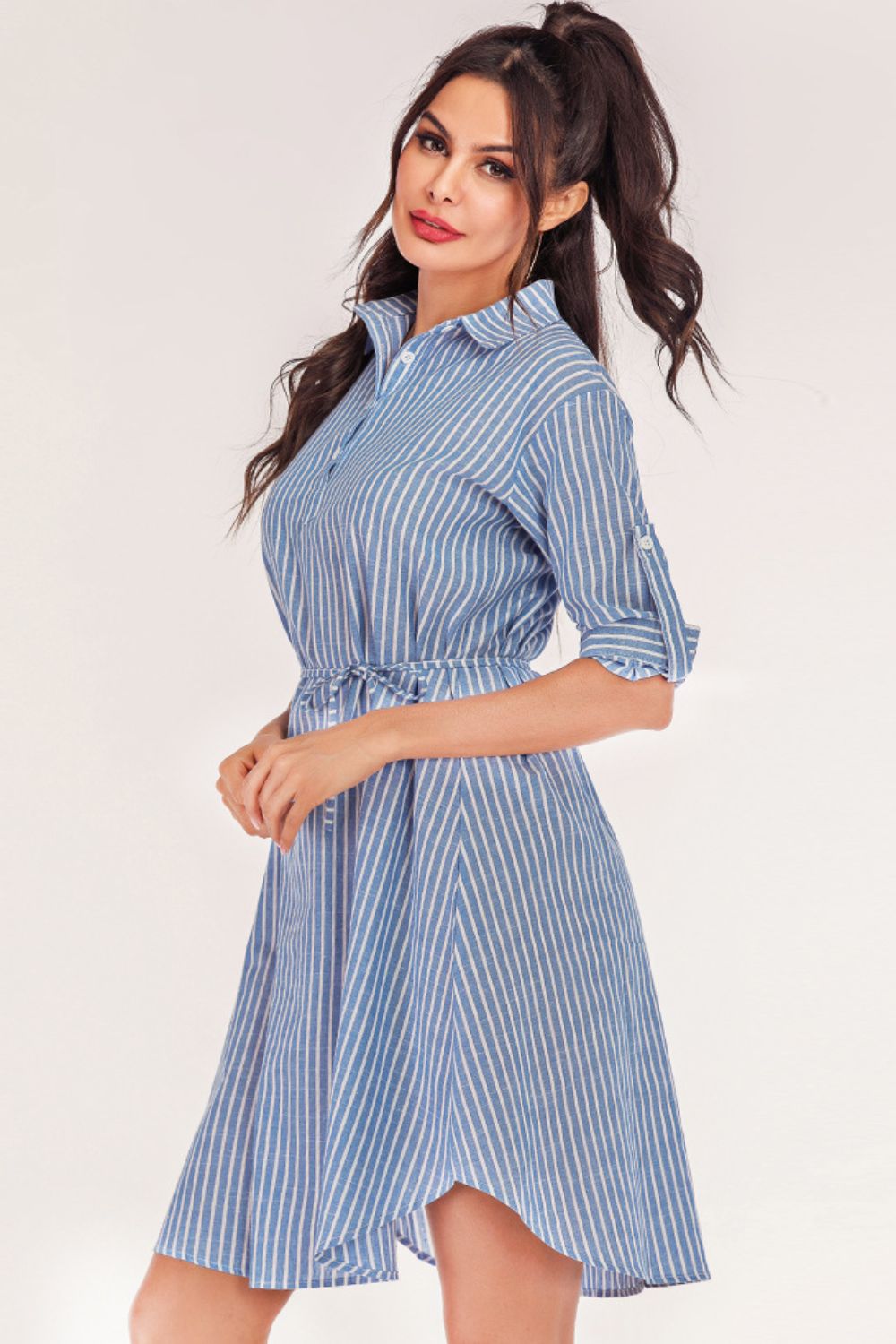 Full Size Striped Quarter-Button Roll-Tab Sleeve Shirt Dress Trendsi