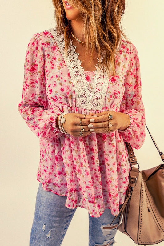 Floral Lace Trim Balloon Sleeve Blouse Trendsi