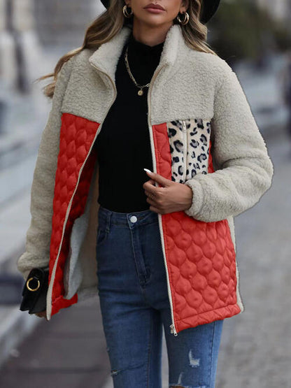 Leopard Color Block Zip-Up Jacket Trendsi