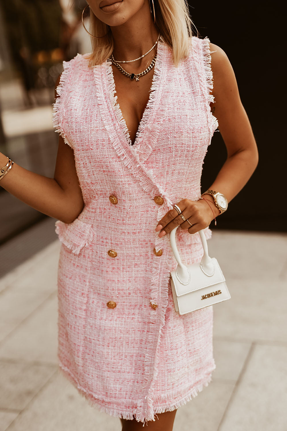 Tweed Fringe Trim Double-Breasted Sleeveless Dress Trendsi