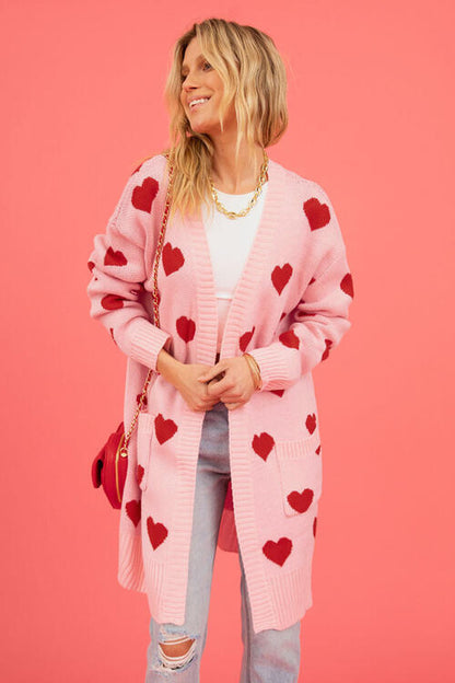 Heart Graphic Open Front Cardigan with Pockets Trendsi