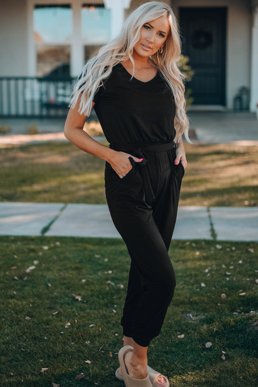 Belted V-Neck Jogger Jumpsuit Aclosy+