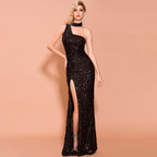 Split sequined banquet dress aclosy