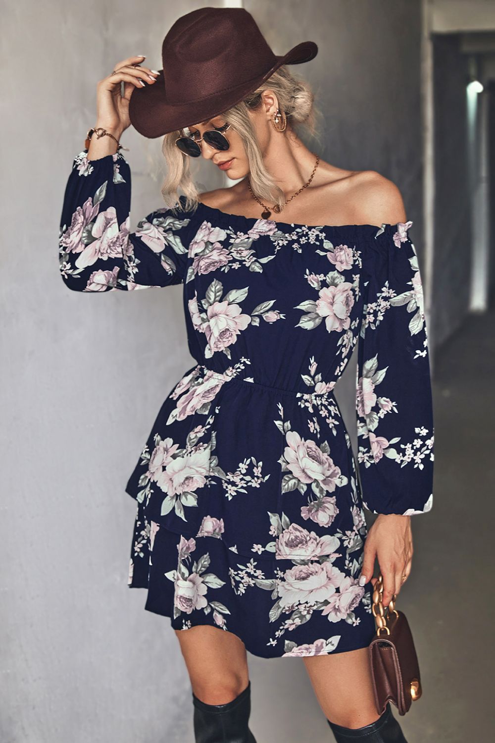 Floral Off-Shoulder Layered Mini Dress Trendsi