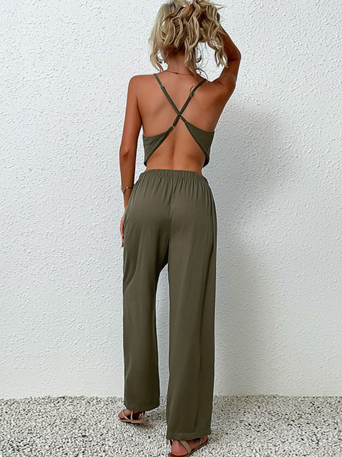 Crisscross Back Cropped Top and Pants Set Trendsi